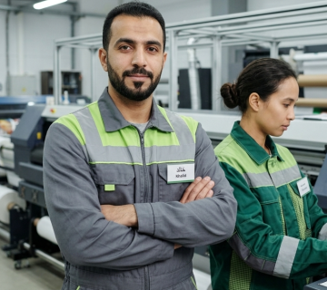 Branded work uniforms showcasing professional team identity in a modern workplace