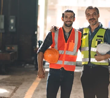 Industrial workers in hi vis safety vests and helmets at a factory site