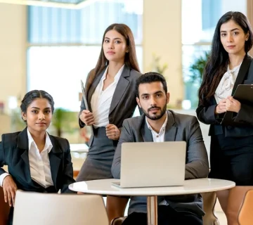 Business team in formal corporate office uniforms working together