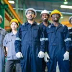 Industrial workers wearing safety gear provided by corporate uniform suppliers