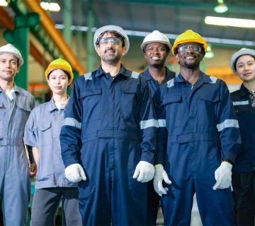 Industrial workers wearing safety gear provided by corporate uniform suppliers