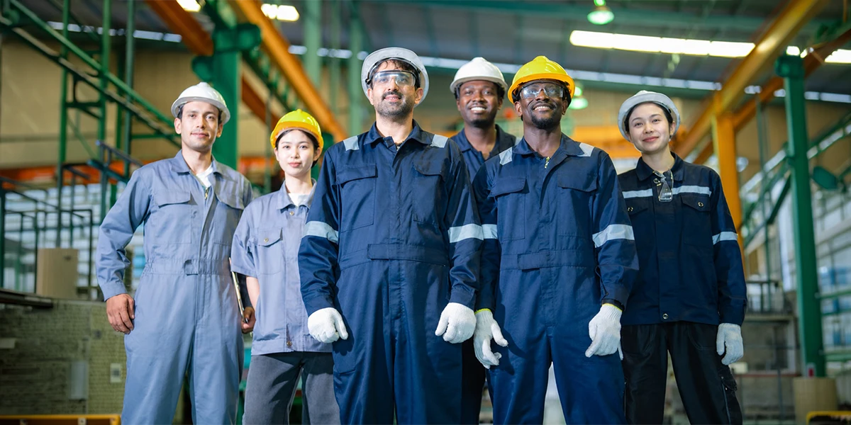 Industrial workers wearing safety gear provided by corporate uniform suppliers