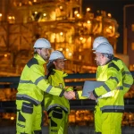 Workers wearing reflective industrial safety uniforms during a night time site inspection, showcasing high visibility workwear from safety uniform suppliers in UAE for improved workplace protection 