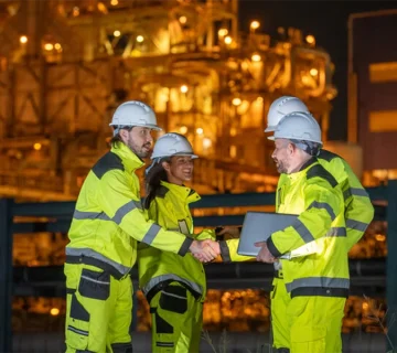 Workers wearing reflective industrial safety uniforms during a night time site inspection, showcasing high visibility workwear from safety uniform suppliers in UAE for improved workplace protection 