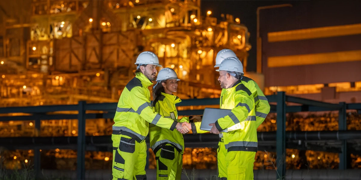 Workers wearing reflective industrial safety uniforms during a night time site inspection, showcasing high visibility workwear from safety uniform suppliers in UAE for improved workplace protection 