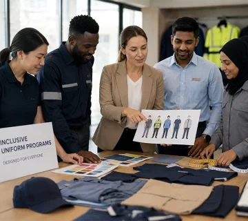 Uniform manufacturing company creating customized uniforms for a diverse workforce, focusing on comfort, safety, inclusivity, and workplace professionalism 