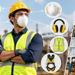 Different PPE and Their Uses including helmets, gloves, safety glasses, boots and harnesses