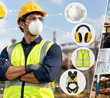 Different PPE and Their Uses including helmets, gloves, safety glasses, boots and harnesses