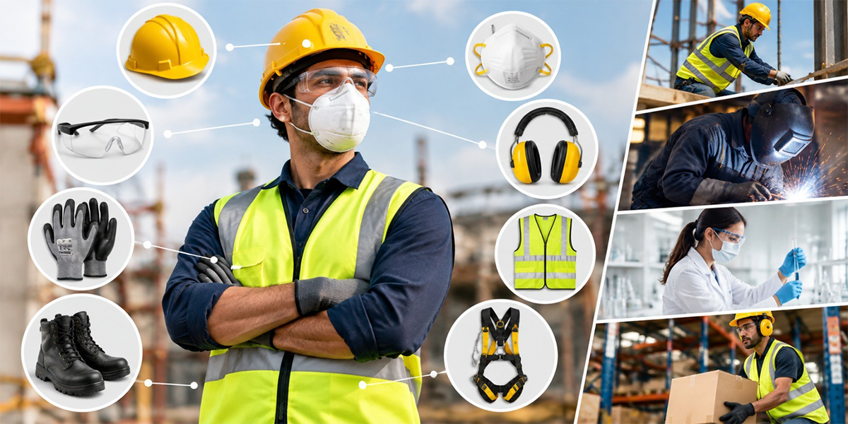 Safety Equipment Supplier in UAE Different PPE and Their Uses including helmets, gloves, safety glasses, boots and harnesses