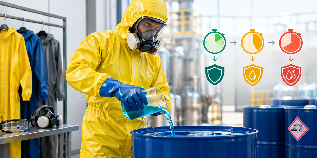 Safety Equipment Supplier in UAE Chemical Resistant Coverall for workers handling chemical exposure with protective equipment